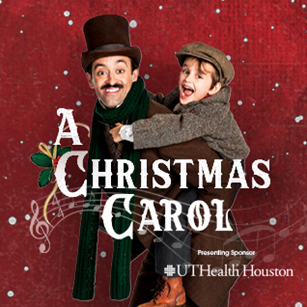 red and festive image of a man with his young son on his back, with the title A CHRISTMAS CAROL over them