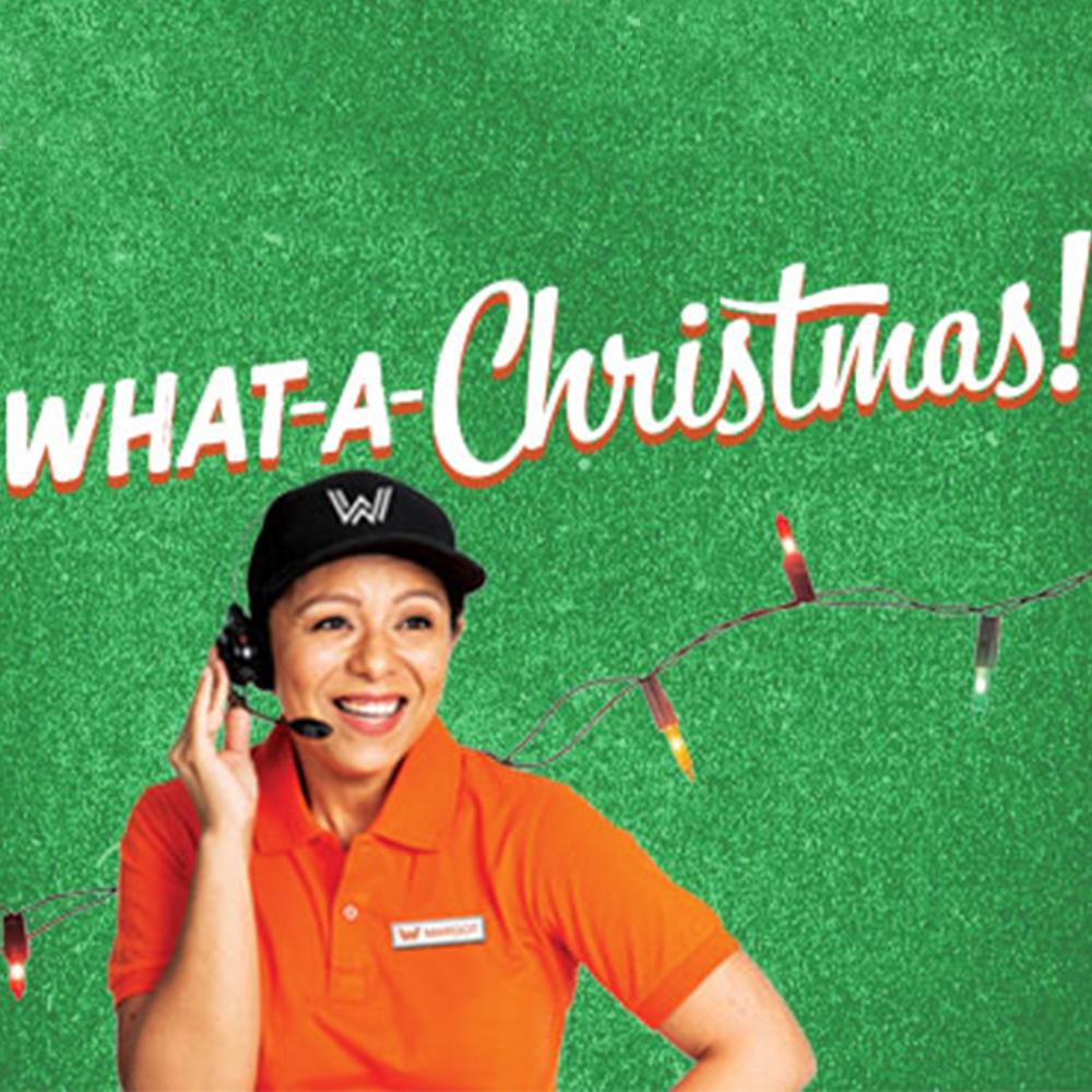 green graphic for the play WHAT-A-CHRISTMAS, featuring a fast food worker speaking into a headset