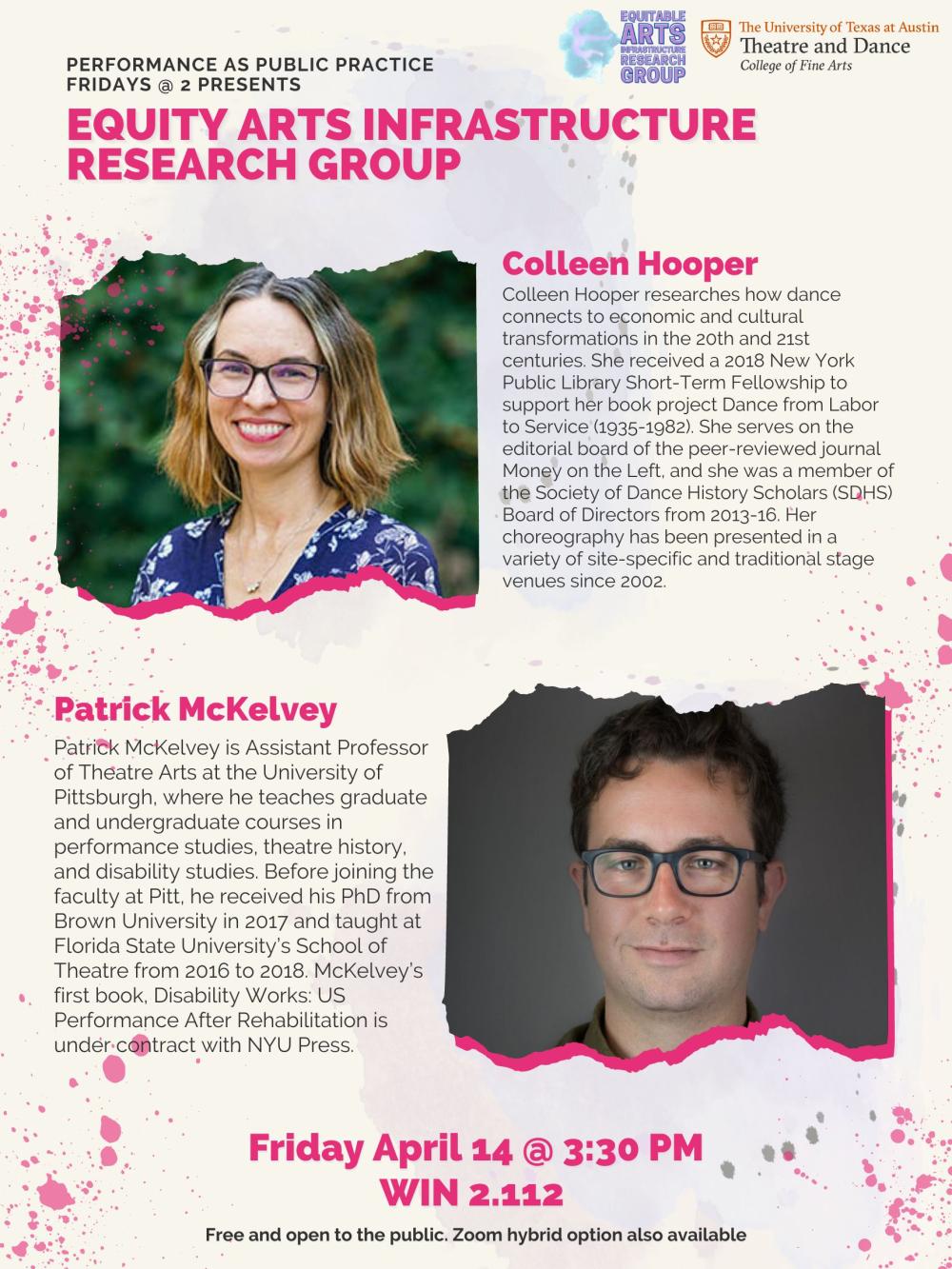 Headshots and bios for Equitable Arts Infrastructure Research Group members Colleen Hooper and Patrick McKelvey