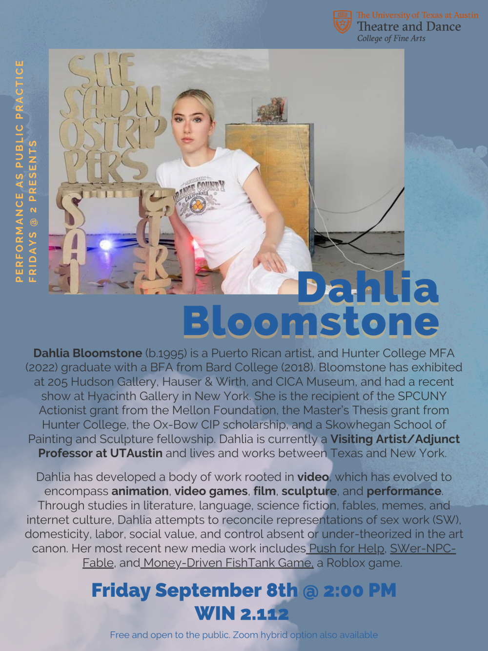 A blue graphic for PPP's Fridays@2 conversation with Puerto Rican video and performance artist Dahlia Bloomstone
