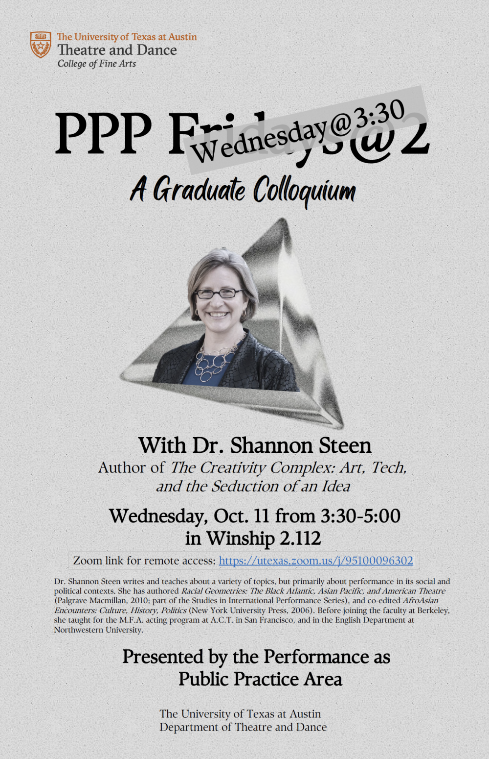 A grey-toned poster for the special Wednesday session of PPP's Fridays@2 speaker series featuring Dr. Shannon Steen