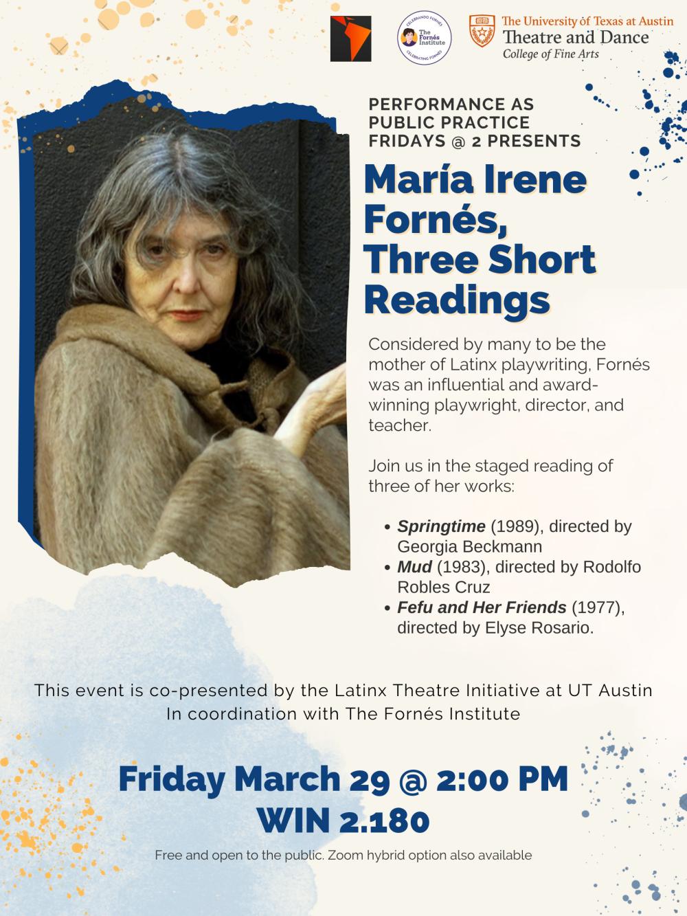 Poster for PPP's presentation of three readings of María Irene Fornés' plays, featuring a photo of Fornés