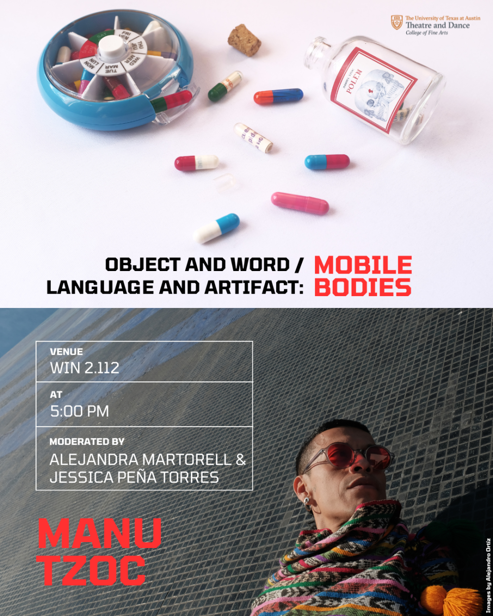 A graphic for an artist talk with Manu Tzoc Bucup about their work MOBILE BODIES: OBJECT AND WORD/LANGUAGE AND ARTIFACT