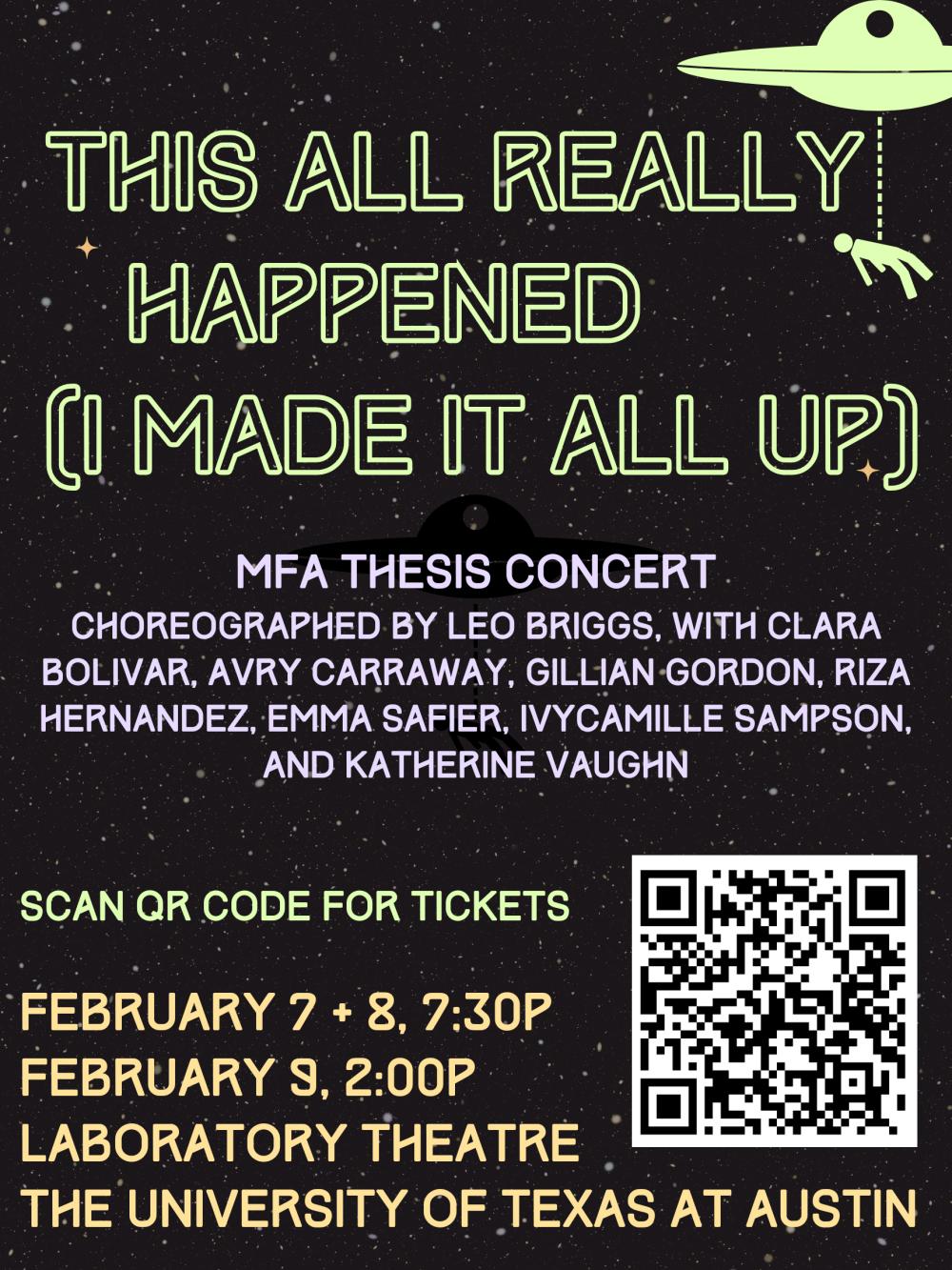 Graphic for THIS ALL REALLY HAPPENED (I MADE IT ALL UP), a M.F.A. thesis concert by Leo Briggs