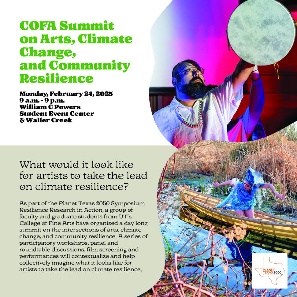 A graphic for the COFA Summit on Arts, Climate Change and Community Resilience, with two images of performances