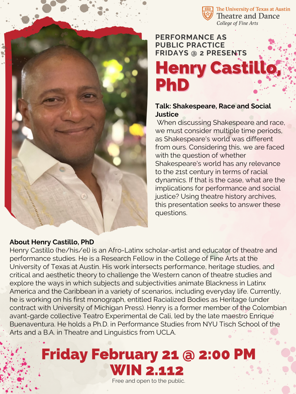 Beige and red promotional poster for Henry Castillo phd talk 