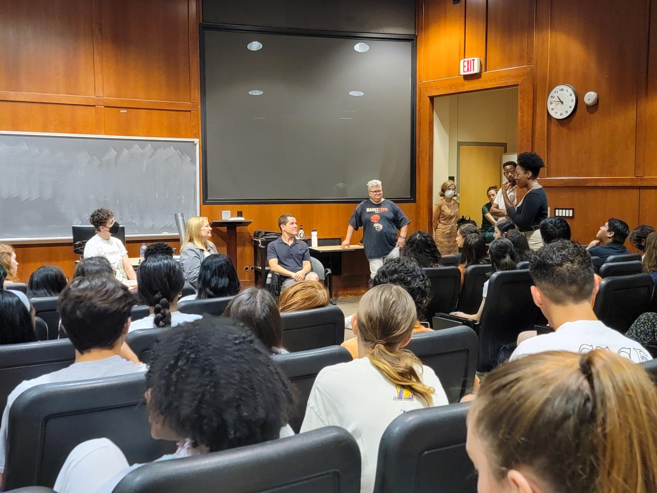 students attend a discussion with HADESTOWN dramaturg Ken Cerniglia and Associate Choreographer KatieRose McLaughlin