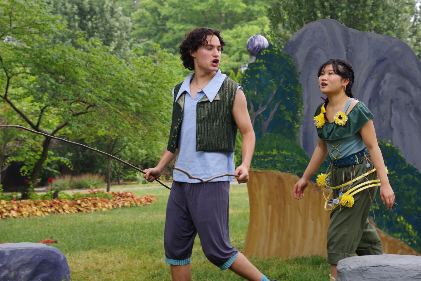 Actors and current students Dominic Gross and Mia Hsiung Nguyen perform in an outdoor performance space