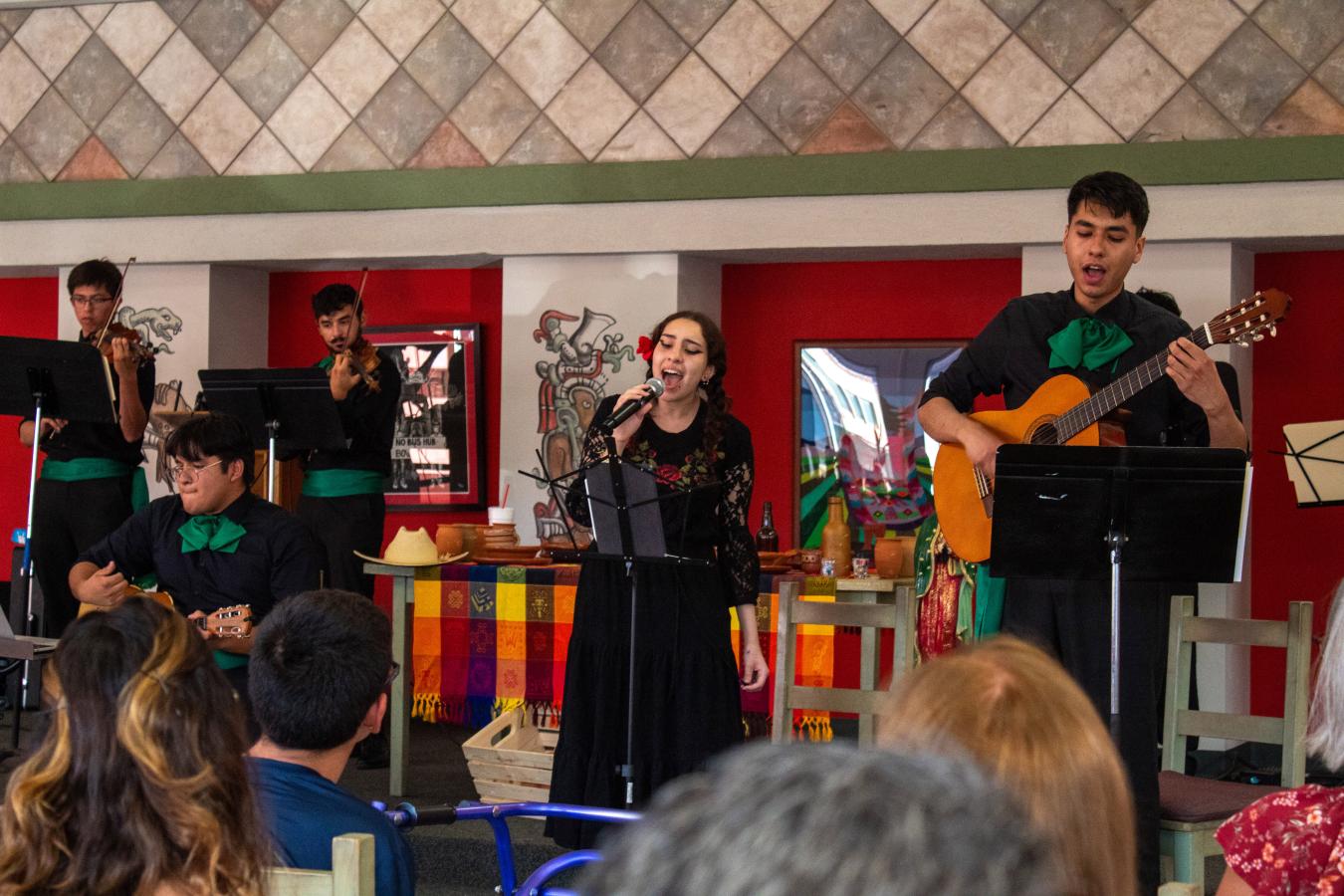 A vocalist, two guitar players and two violin players perform a song from SOLDADERA