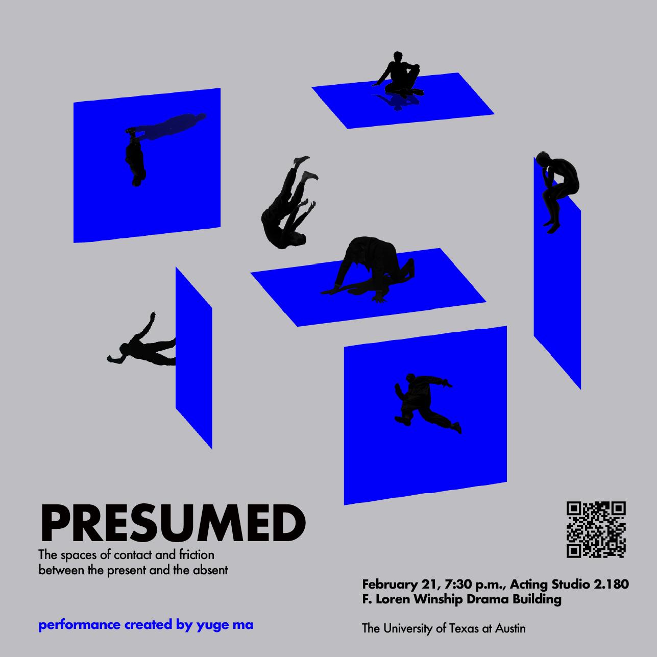 A graphic for PRESUMED, a performance created by Yuge Ma, featuring the silhouettes of many people moving amongst blue squares