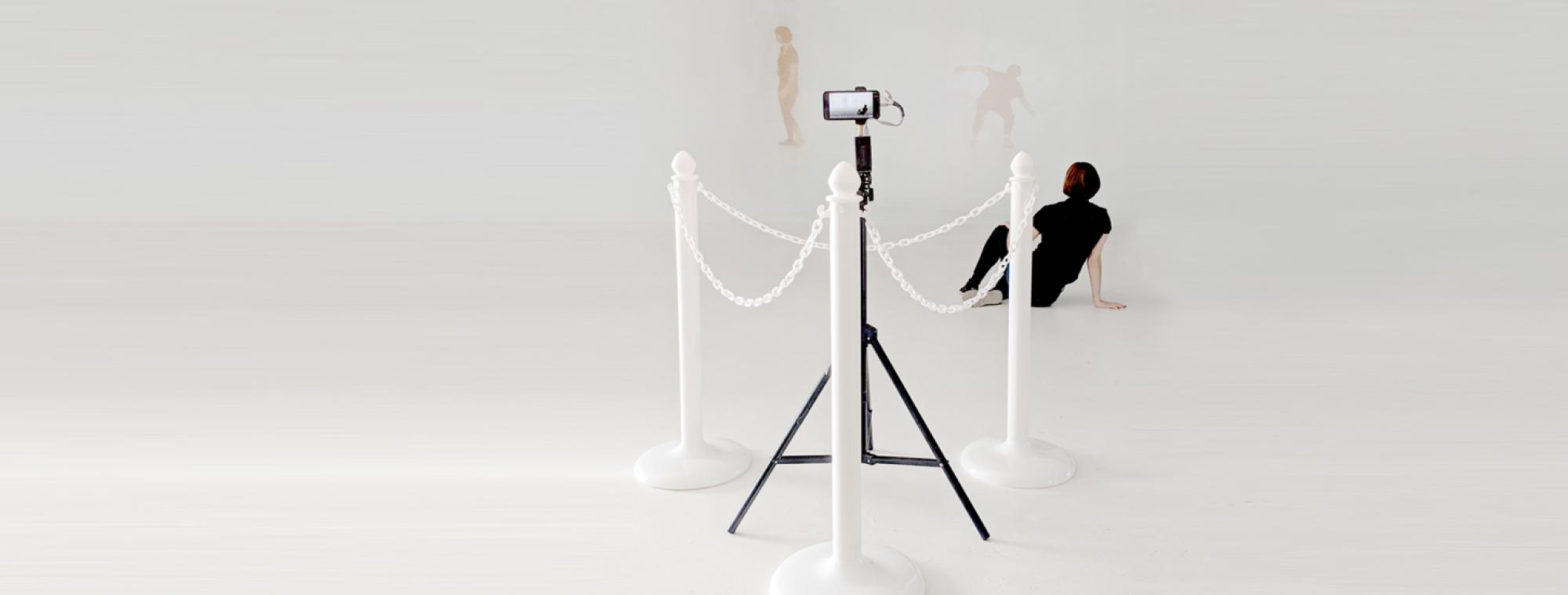Potential Future Pasts from East Austin Studio Tour; photo by ARCOS (2019) camera phone on tripod with three dancers in front of it