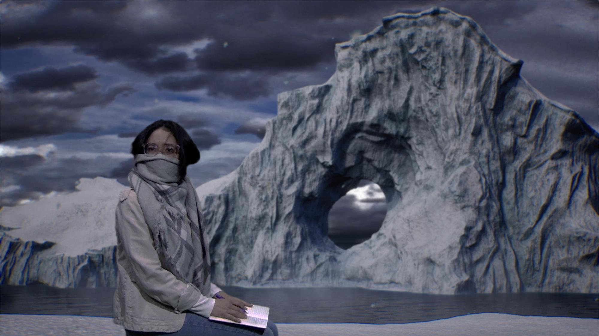 woman with a scarf around her mouth and nose looks to her side with a concerned expression, seated in front of an icy Antarctic background