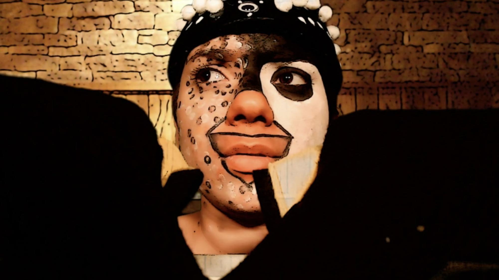 actress with white and black makeup on her face, a hat and flippers on her hands, all pieces of an abstract penguin costume