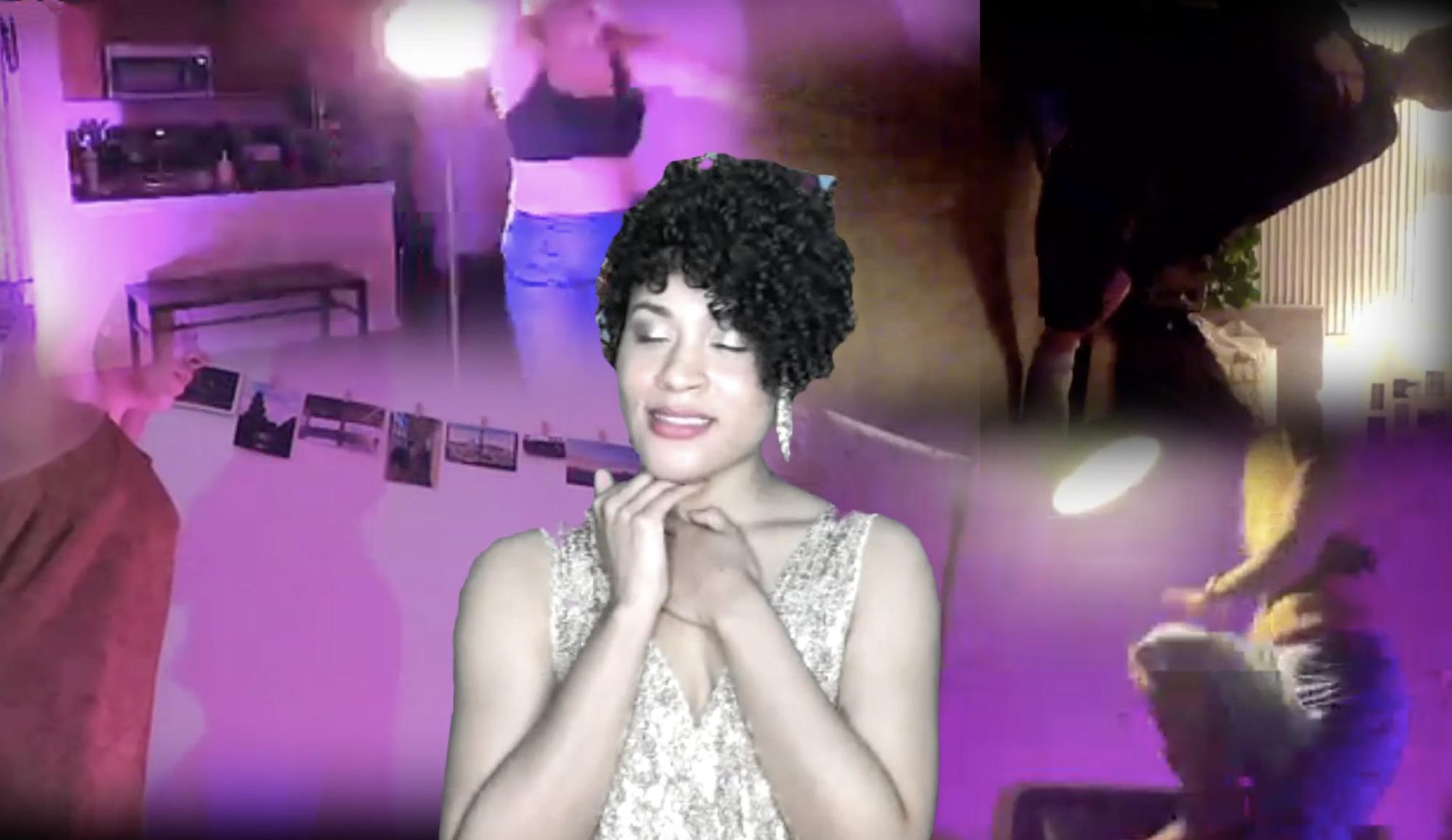 actress closes her eyes, standing in front of a screen with remote dancers performing