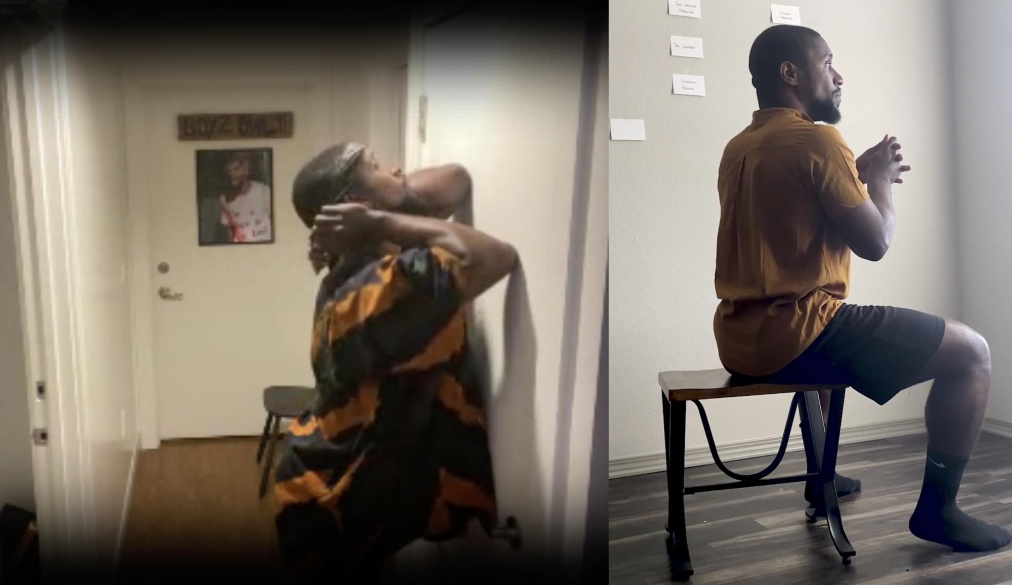 two recordings of a dancer layered next to each other, one of him sitting in a chair and the other of him moving