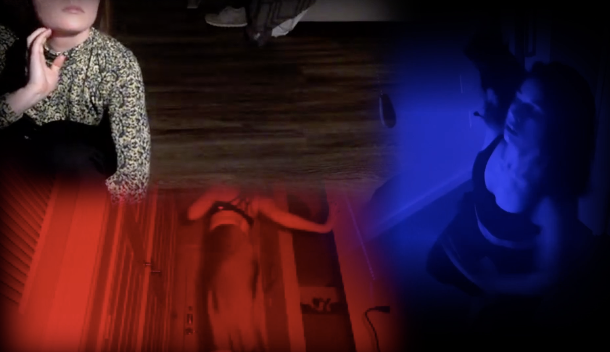 three dancers performing remotely, one in white light, one in red light and one in blue light