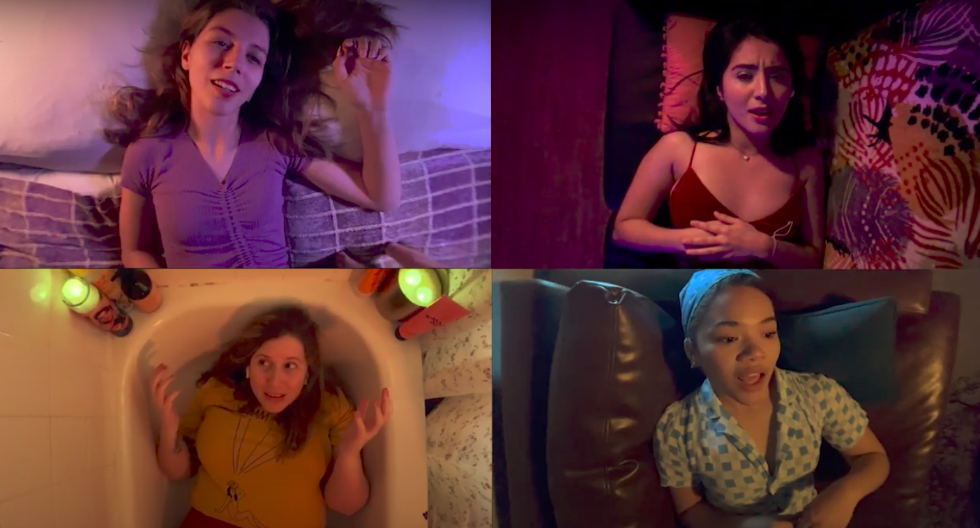 four actresses perform remotely, all lying on different pieces of furniture in their separate apartments