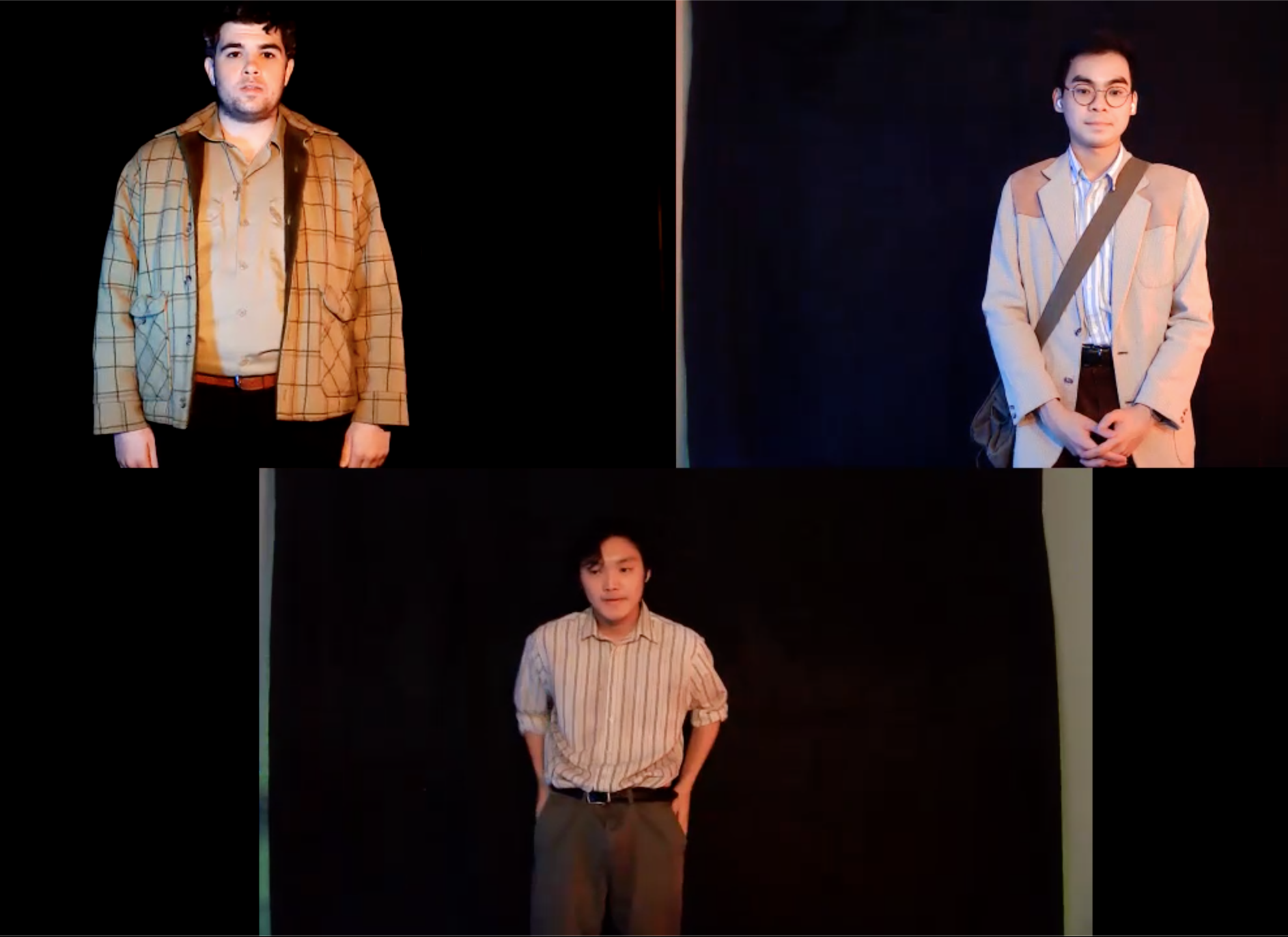three actors perform remotely, all standing and facing forward in layered costumes