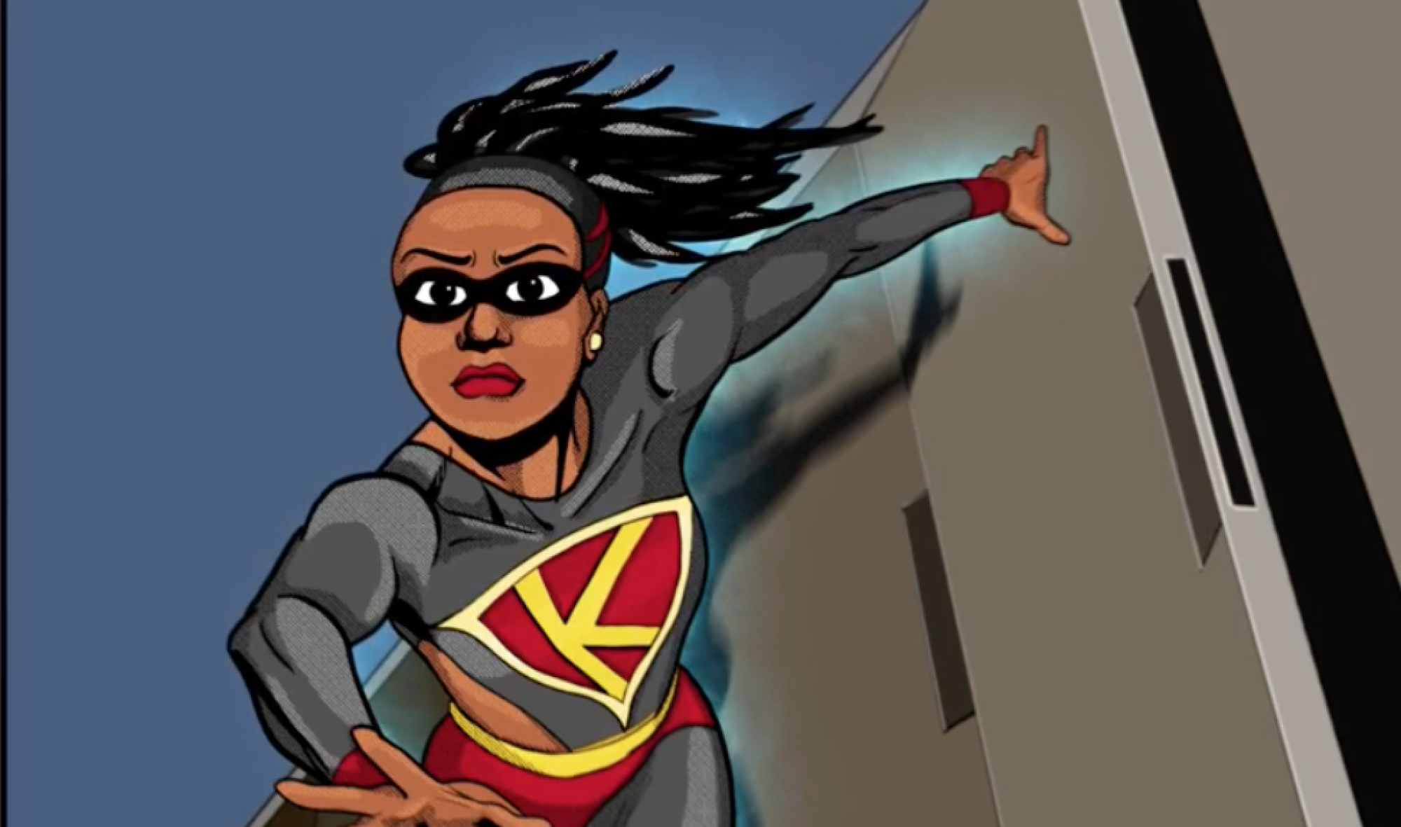 animated superhero with her braids pulled back in a ponytail and a giant K on her superhero suit