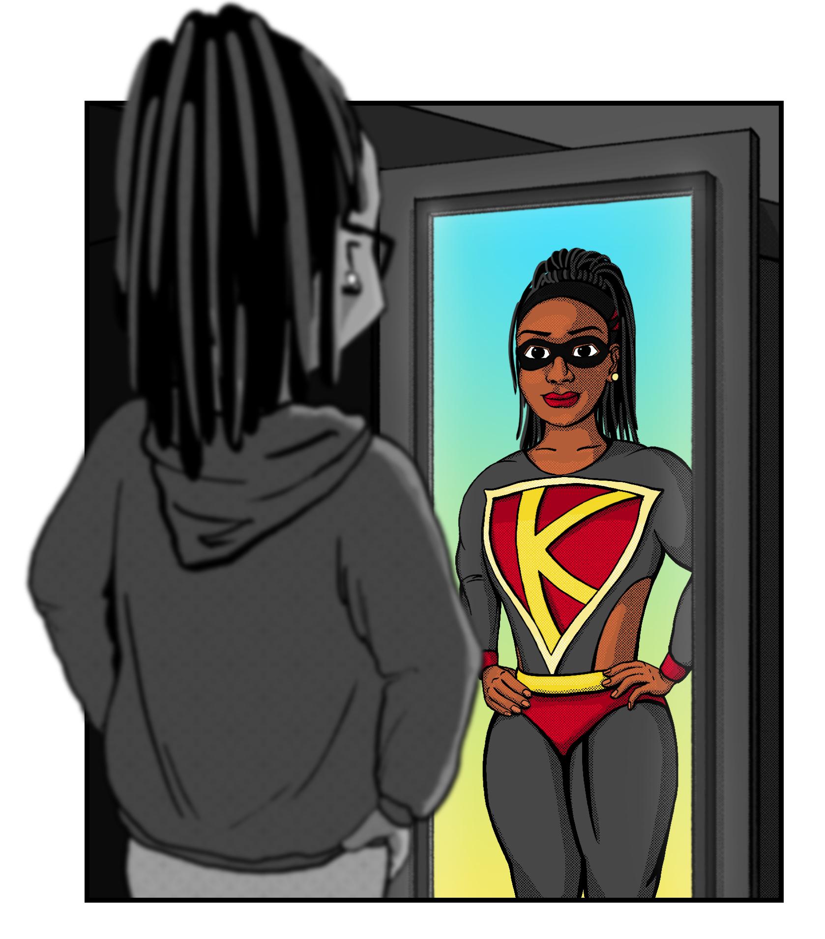 an animated girl looks into a mirror to see a superhero version of herself