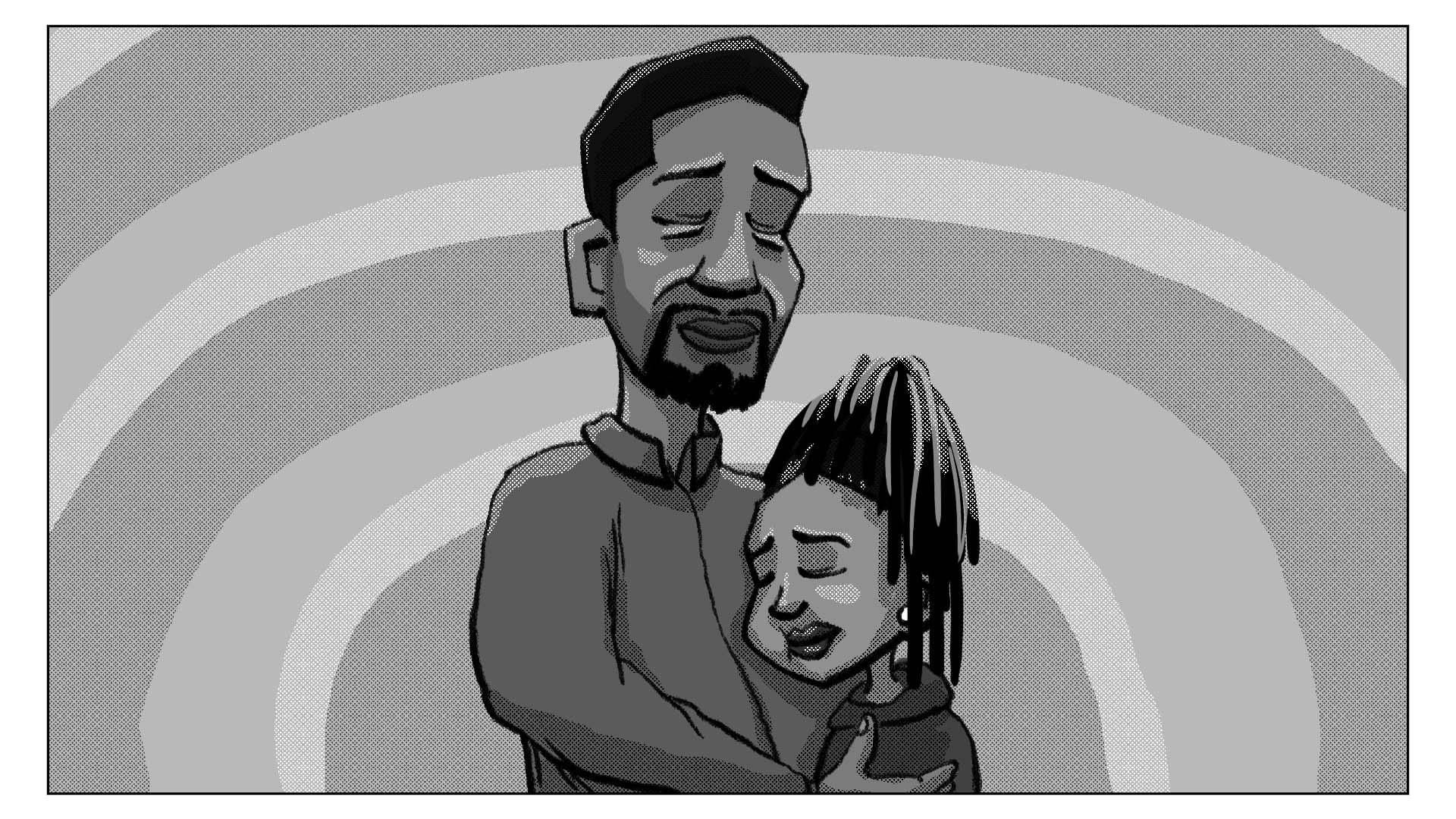 black and white animation of a young girl hugging her father