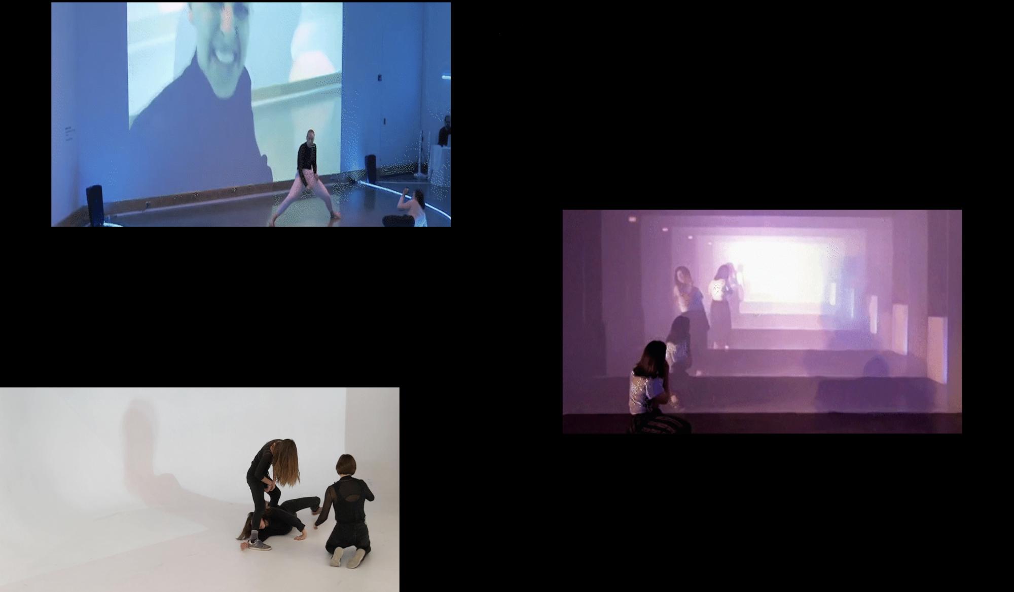three images of people dancing float across a black screen