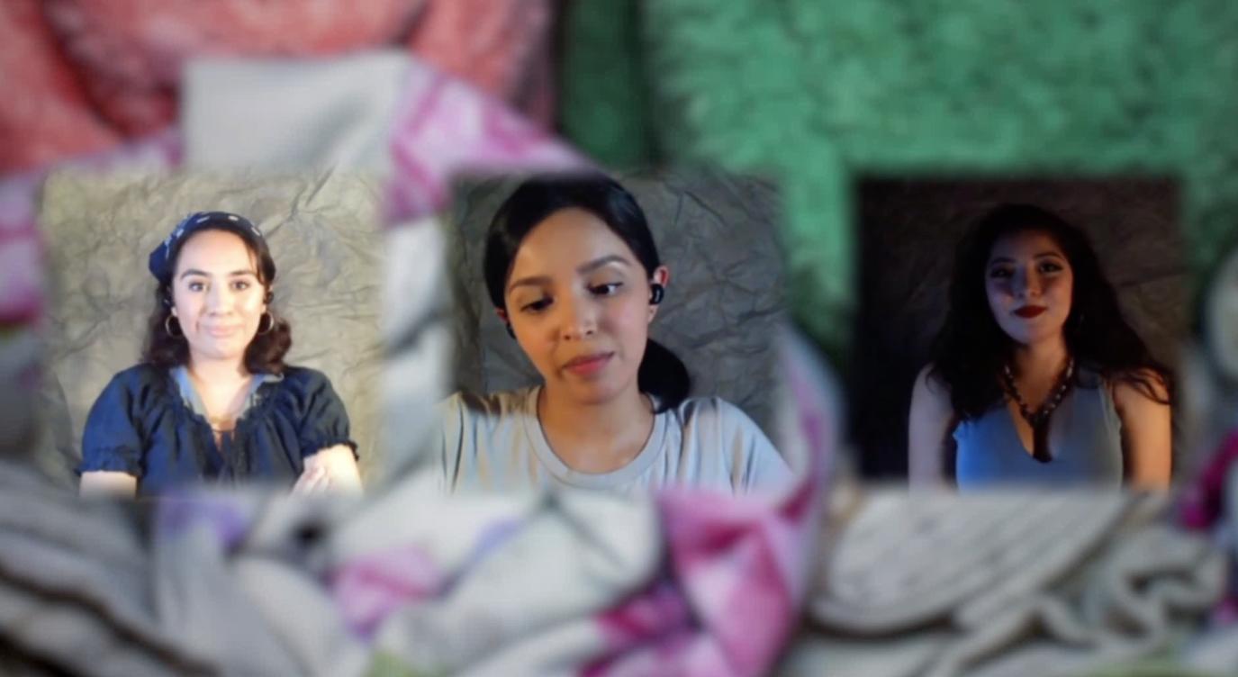 three actresses perform remotely, their Zoom squares layered over colorful fabric