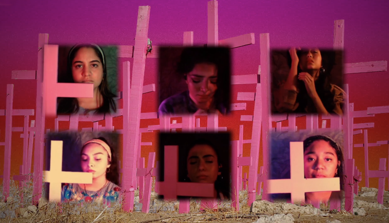 six actresses perform remotely, layered over and holding pink crosses