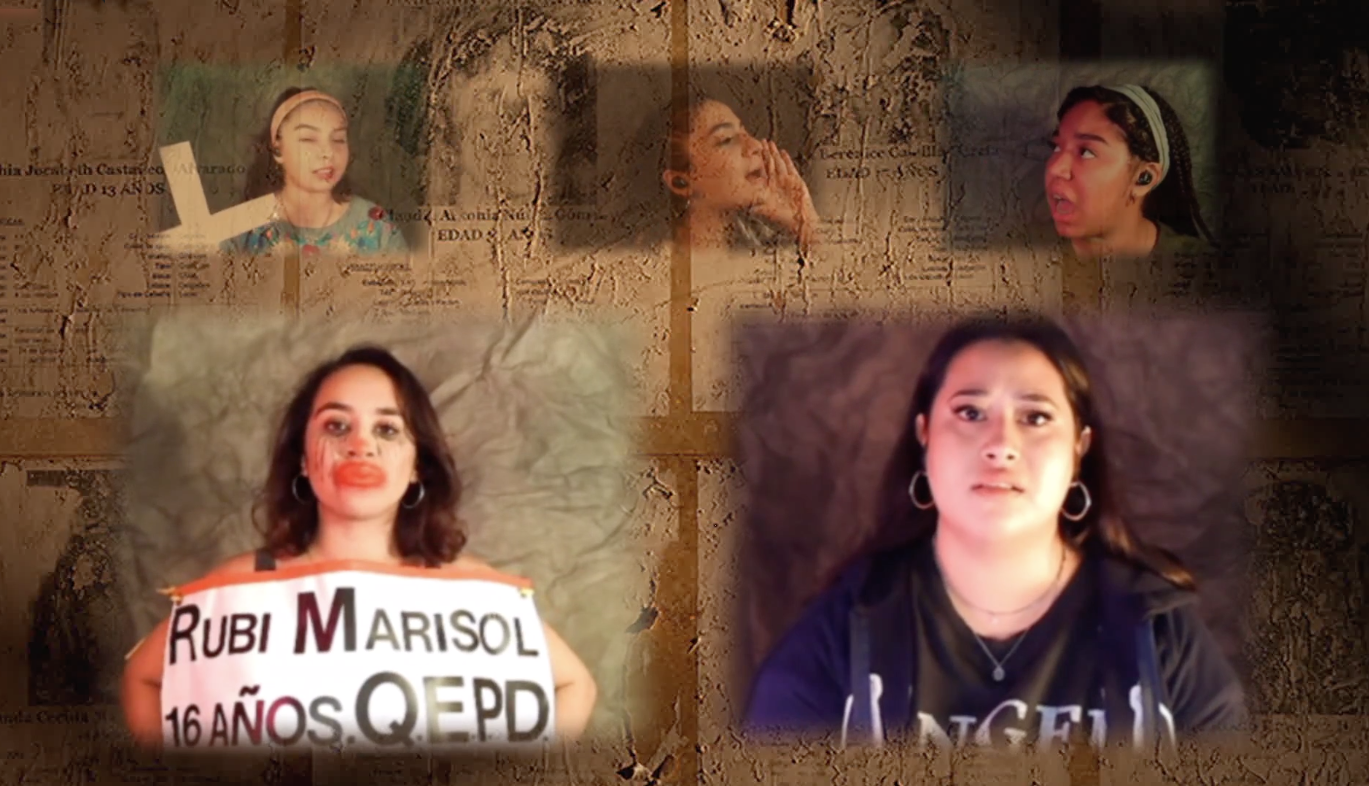 five women perform remotely, their Zoom squares layered over faded missing person posters