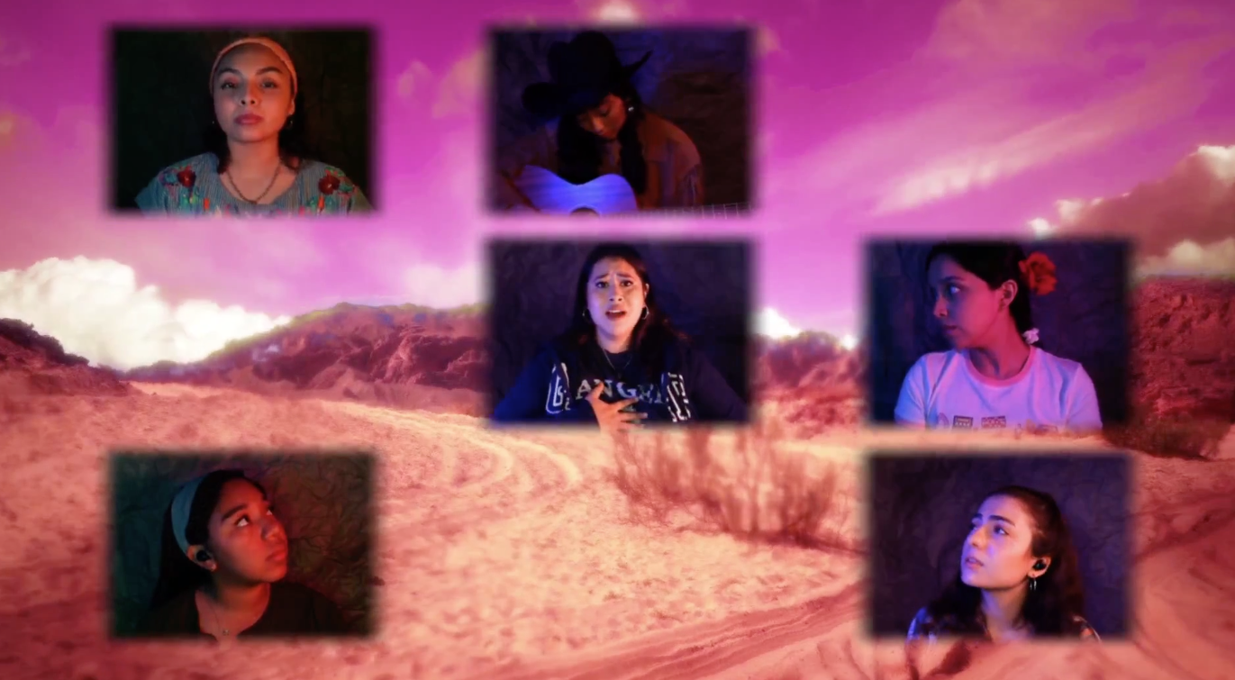 six actresses perform remotely, their Zoom square layered over a pink desert scene
