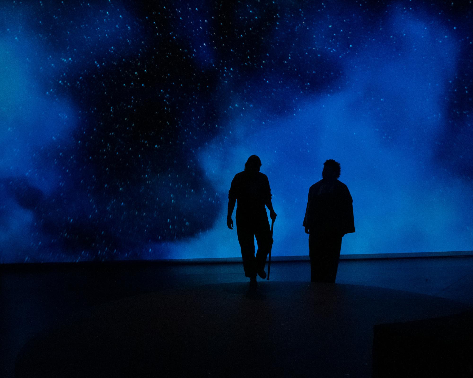 Two silhouettes stand superimposed in front of a navy sky