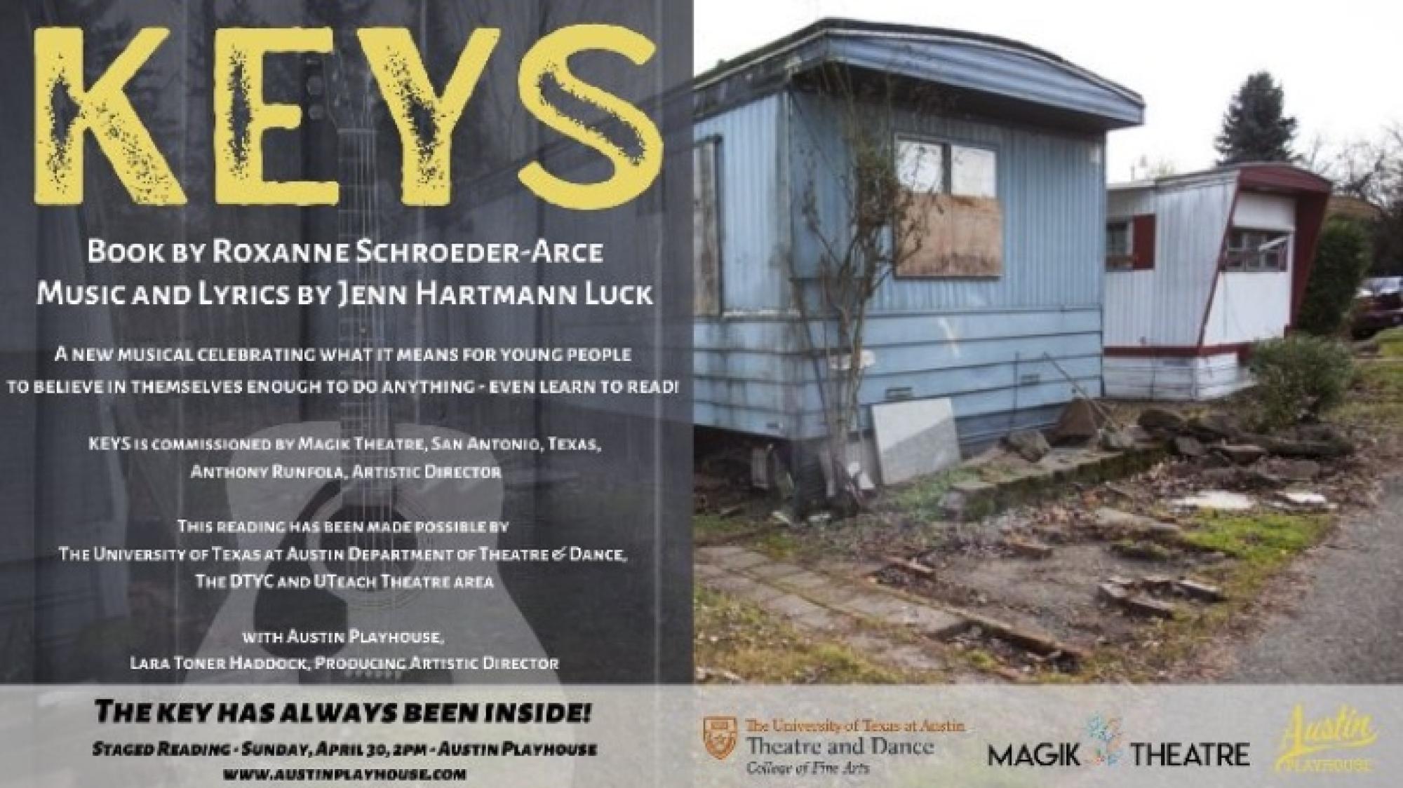 a poster for the staged reading of KEYS, featuring a guitar and a mobile home