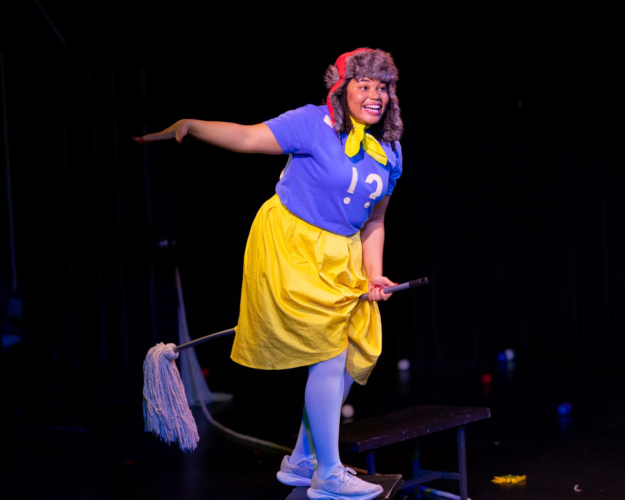 Photo of character No pretending to fly on a mop