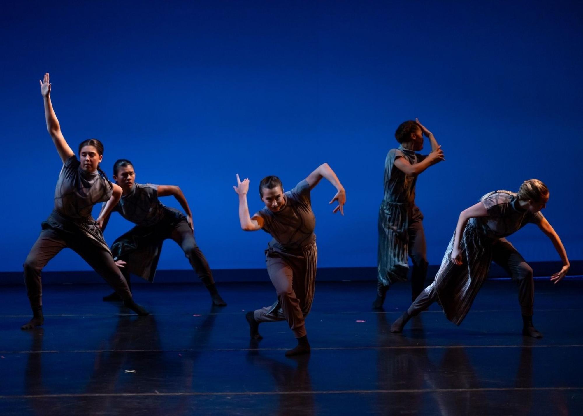 Photo of 5 dancers in a tableau making striking shapes with their bodies in front of a dark blue lit backdrop