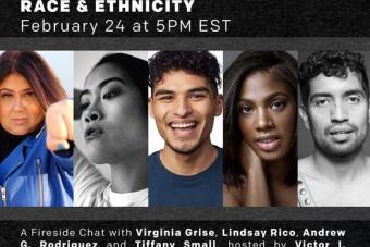a black graphic with white wording about NO PASSING HERE, a virtual panel discussion, with five headshots of Latinx artists lined up in the middle