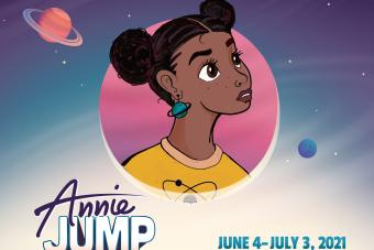 animated space scene with a young Black girl with her hair in space buns looking up in the foreground
