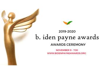 a white graphic with a gold award shaped like a person with wings on the left side and information about the award ceremony on the other side
