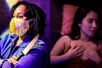 Photo of an actress wearing a jean jacket and yellow mask while holding a knife next to a photo of an actress lying on her couch and looking to the side