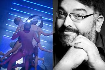 an image of dancers in full body suits moving in a group, washed in blue light next to a black and white image of Rudy Ramirez with glasses, dark hair and a beard