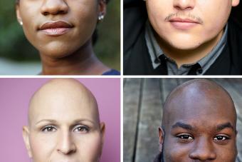 four images of four playwrights: a woman with dark hair and earrings, a man with dark hair and a mustache, a bald man with a beard and a bald woman with dangling earrings