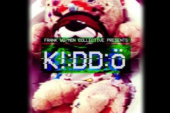 graphic with the words "Frank Wo/Men Collective presents: K ! :D D: Ö" and "Commissioned by Texas Performing Arts in partnership with Fusebox Festival" over a digitized image of a teddy bear