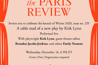 a graphic for the Paris Review that in a peachy orange color with red curtains on the outer edges, containing a description of their table reading event with Kirk Lynn and Branden Jacobs-Jenkins