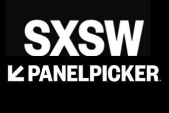 black graphic with white wording that reads "SXSW panel picker" with a white arrow on it