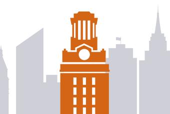 light gray silhouettes of city buildings with the orange UT Tower in the middle