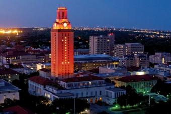 UT tower lit orange with number 1