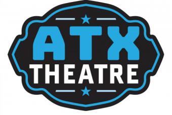 blue, black and white logo with the words "ATX THEATRE" on it