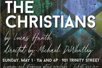 graphic for THE CHRISTIANS with a stained glass window effect in the background