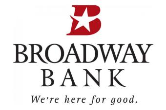 white logo for Broadway Bank with a large red B and a star on it
