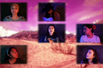 six actresses perform remotely, their Zoom square layered over a pink desert scene