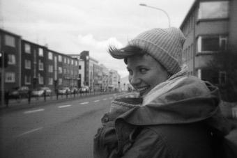 black and white photo of Hannah Nelson wearing a beanie and jacket
